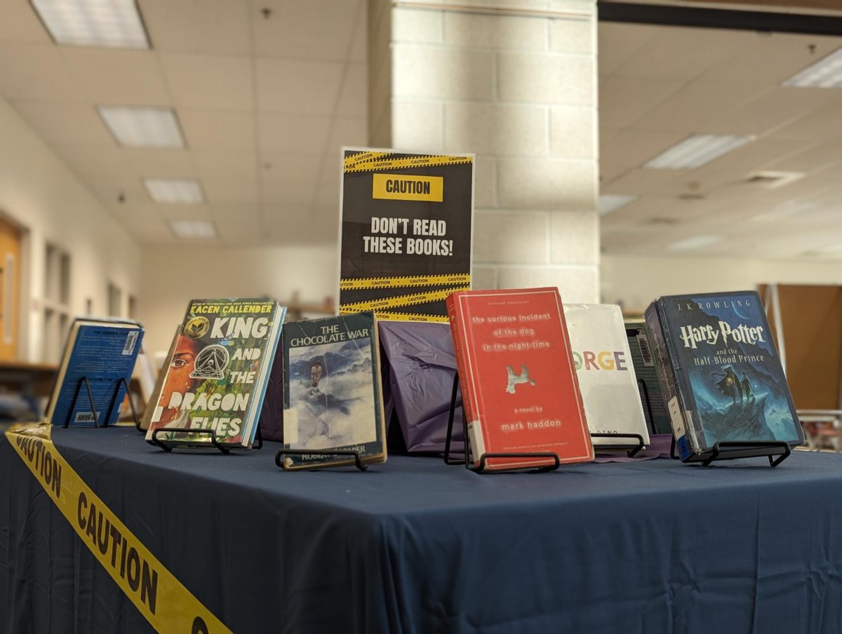 A display for Banned Books Week in the Century Middle School library.