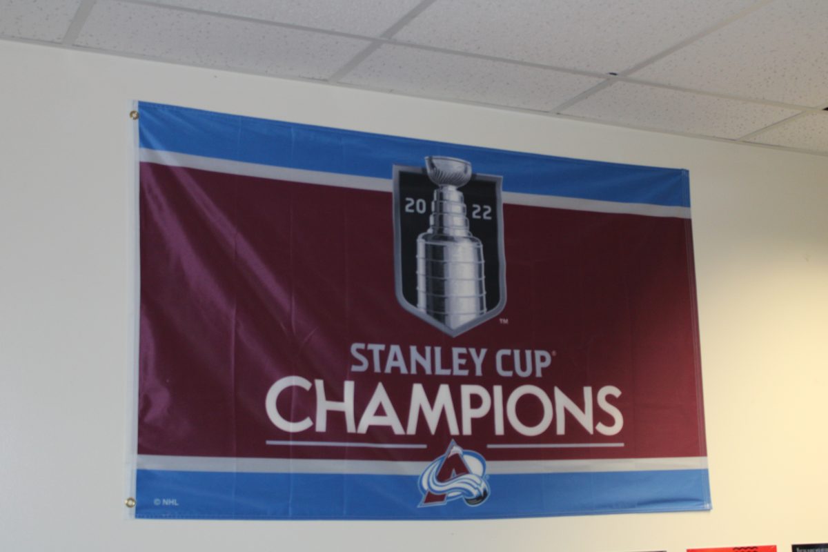 An Avs Stanley Cup Flag in Mrs. Beers class.